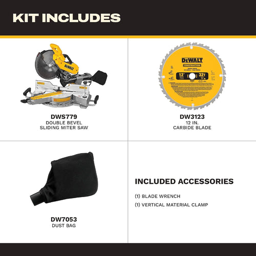 DEWALT Miter Saw, 12 Inch Double Bevel Sliding Compound Miter Saw, Includes Blade Wrench and Clamp, Increased Crosscut Capacity, Powerful 3800 RPM Motor 15 Amp (DWS779)