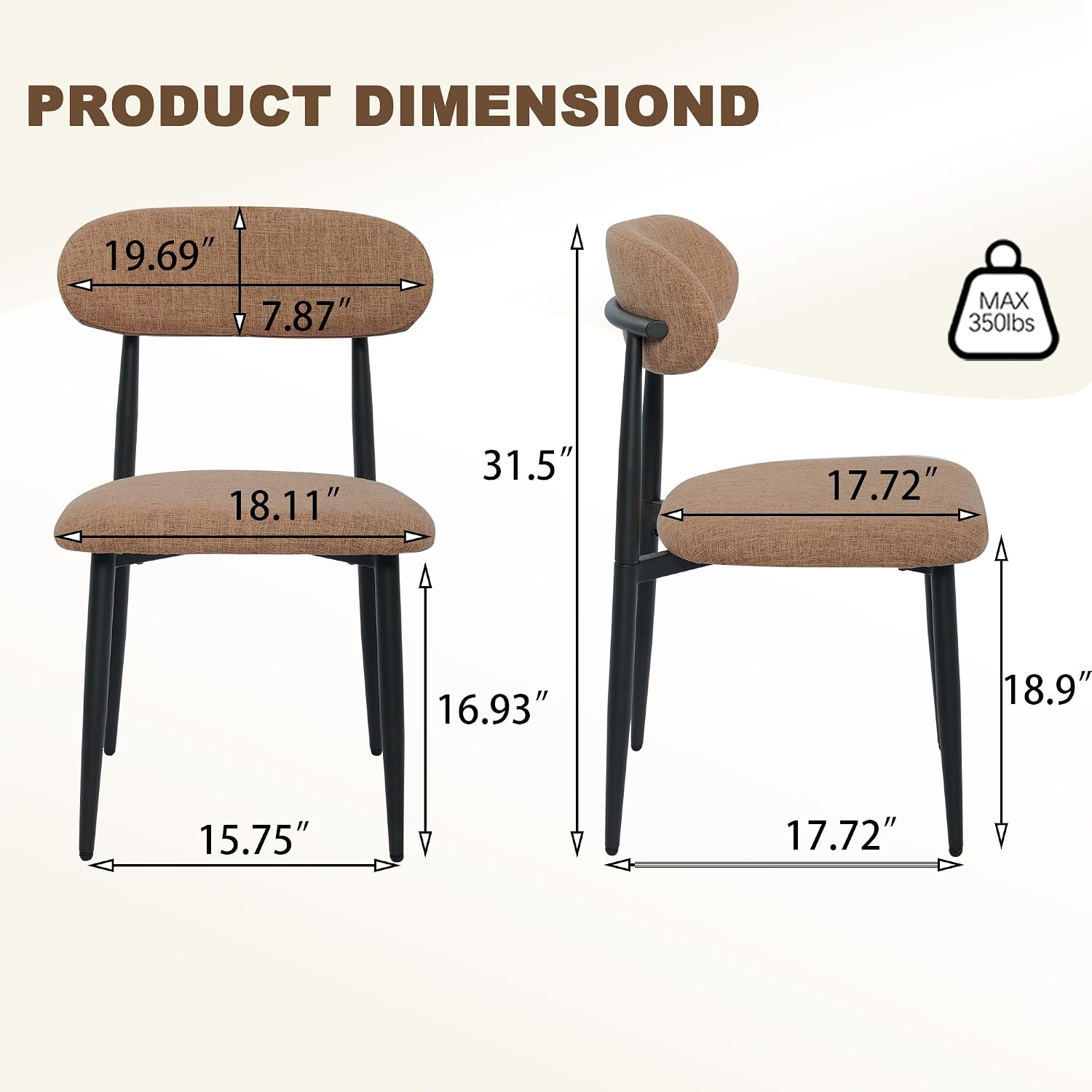 Modern Upholstered Dining Chairs Set of 8, Mid-Century Metal Frame Linen Fabric Side Chair for Kitchen Dining Room, 350lbs Capacity, Brown