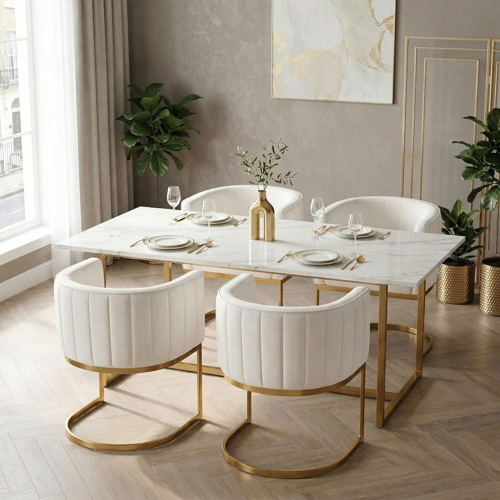 Beige and Gold Barrel Dining Room Chairs Set of 4, Modern Velvet Upholstered Accent Chairs with Curved Back for Kitchen Island, Luxury Comfort Seating Cantilever Metal Frame