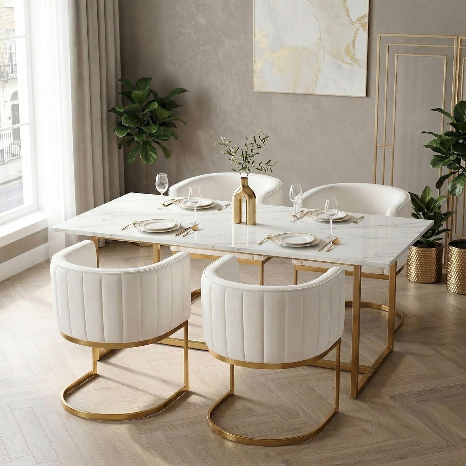 Beige and Gold Barrel Dining Room Chairs Set of 4, Modern Velvet Upholstered Accent Chairs with Curved Back for Kitchen Island, Luxury Comfort Seating Cantilever Metal Frame