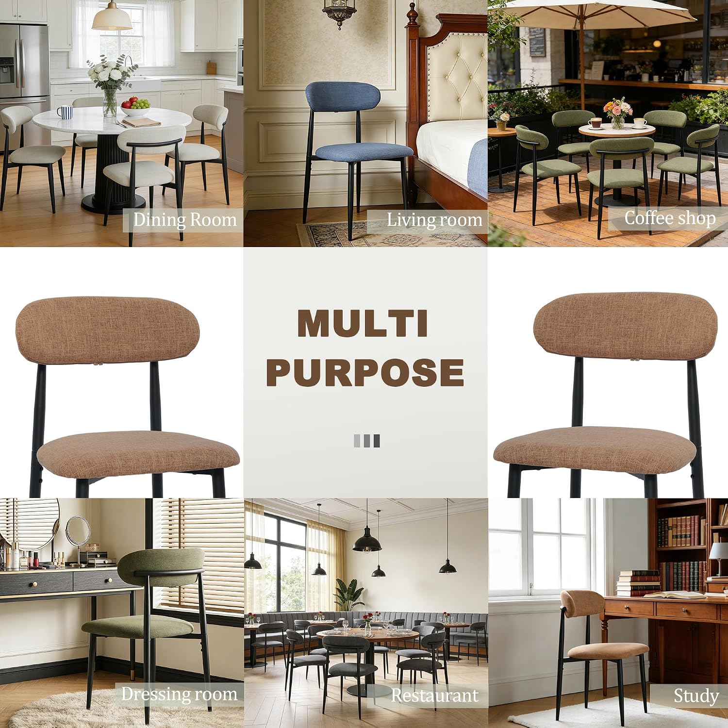 Modern Upholstered Dining Chairs Set of 8, Mid-Century Metal Frame Linen Fabric Side Chair for Kitchen Dining Room, 350lbs Capacity, Brown