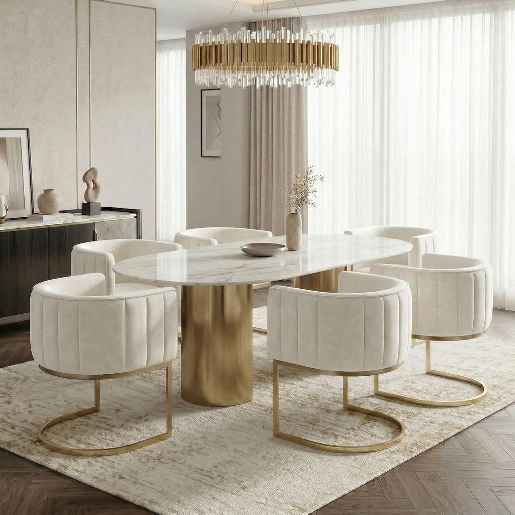 Beige and Gold Barrel Dining Room Chairs Set of 4, Modern Velvet Upholstered Accent Chairs with Curved Back for Kitchen Island, Luxury Comfort Seating Cantilever Metal Frame